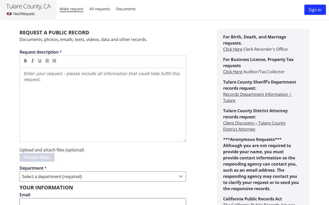 Dinuba public records Tulare County NextRequest portal