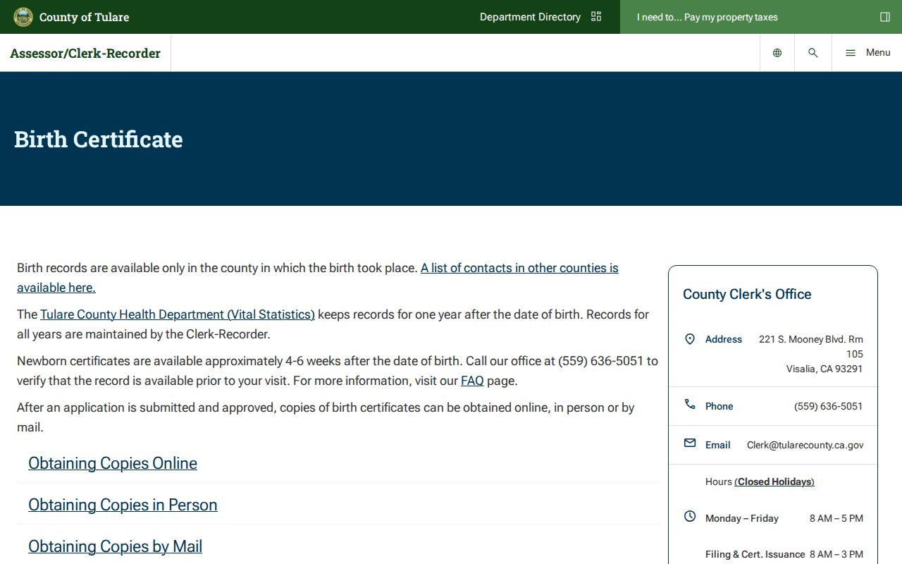 Dinuba public records Tulare County birth certificate request instructions