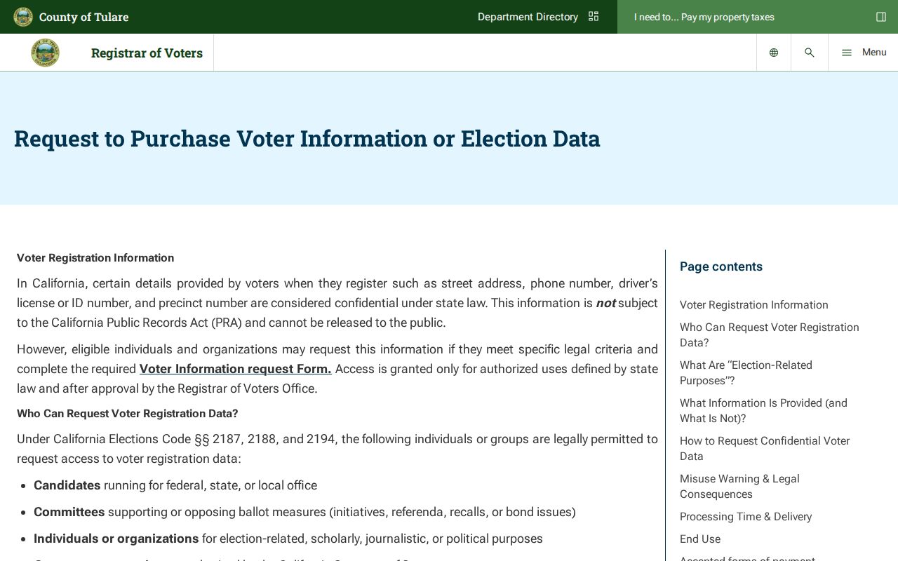 Dinuba voter registration records Tulare County voter information and election data request page